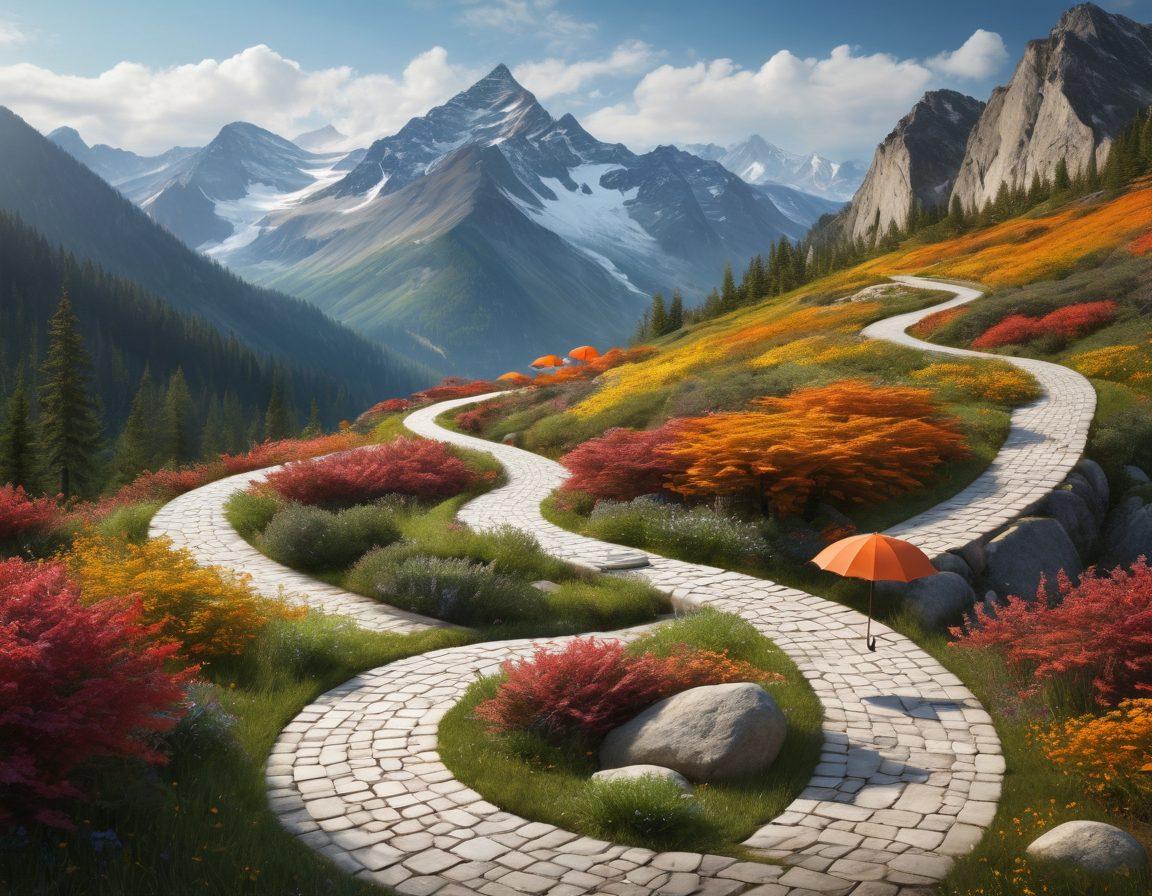A visually engaging landscape made of various insurance icons, such as shields, umbrellas, and documents, navigating through a winding path surrounded by mountains symbolizing challenges and opportunities. Incorporate arrows showing comparison between different policies, with a warm, inviting color palette. Add a diverse group of people discussing these elements to represent guidance. super-realistic. vibrant colors. 3D.