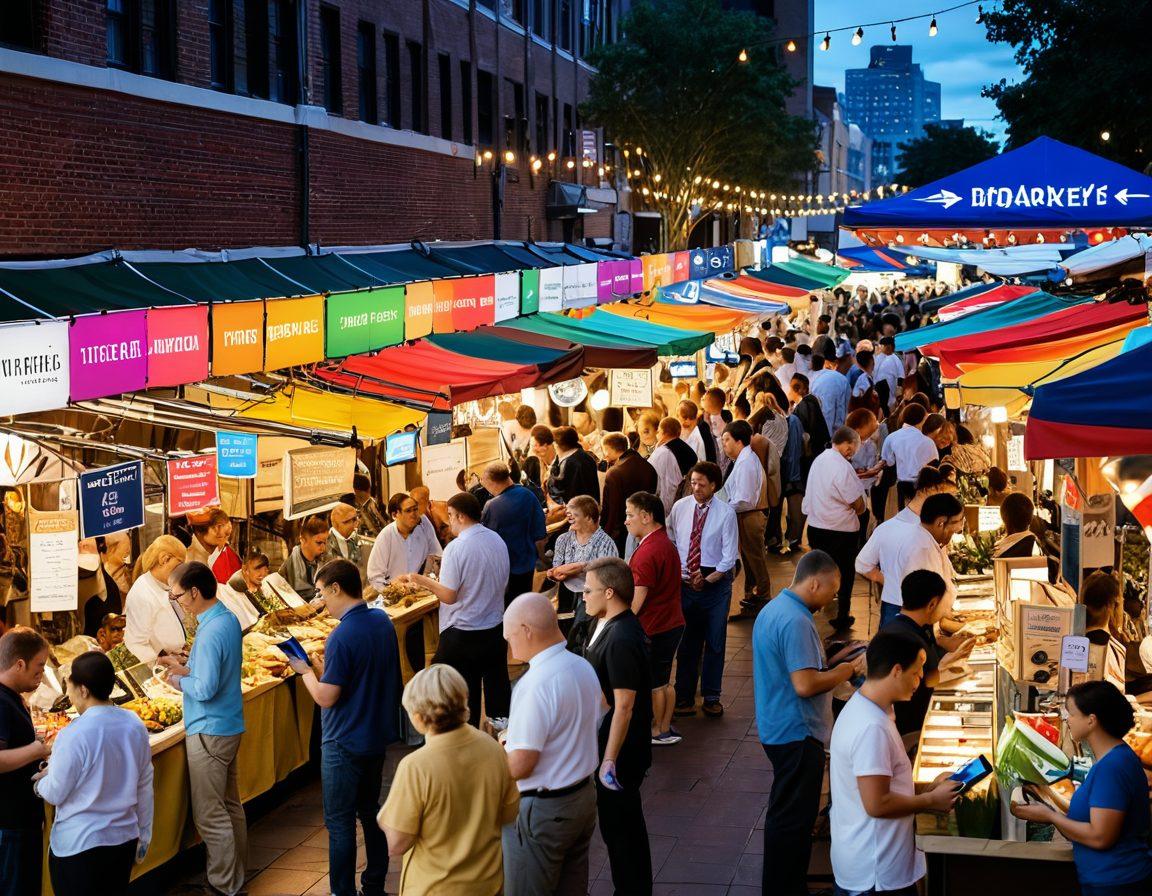 A bustling marketplace scene featuring diverse vendors offering various services, surrounded by colorful banners and signs indicating different plans. A group of customers engages in discussions, comparing options on digital devices. The atmosphere is lively, with elements like a large map of choices and arrows guiding towards the best providers. Emphasize a blend of modern technology with traditional market elements. vibrant colors. super-realistic.