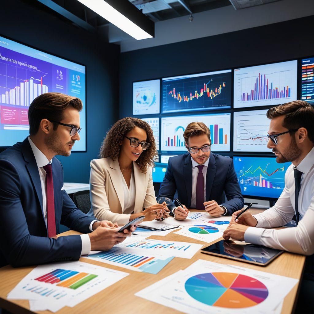 A dynamic scene displaying a diverse group of professionals comparing various insurance policies on digital devices, with colorful graphs and charts in the foreground, emphasizing collaboration and decision-making. The background features a modern office environment with inspirational quotes about financial security. vibrant colors. 3D.